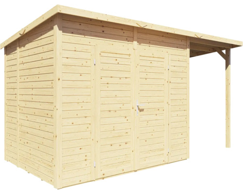 Abri de jardin en bois avec double porte et petit auvent