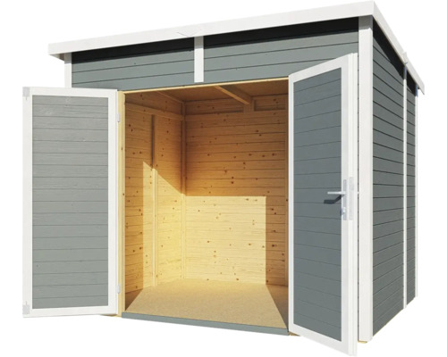 Abri de jardin en bois peint en gris avec portes doubles ouvertes