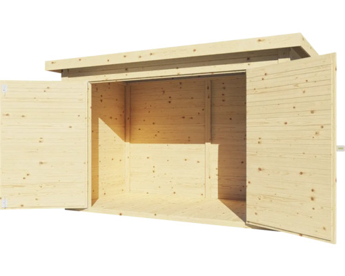 Abri de jardin en bois avec portes ouvertes