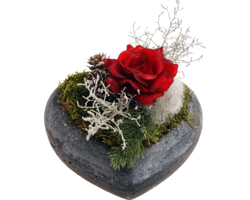 Herzförmiges Gesteck mit Rose, Zapfen und Moos