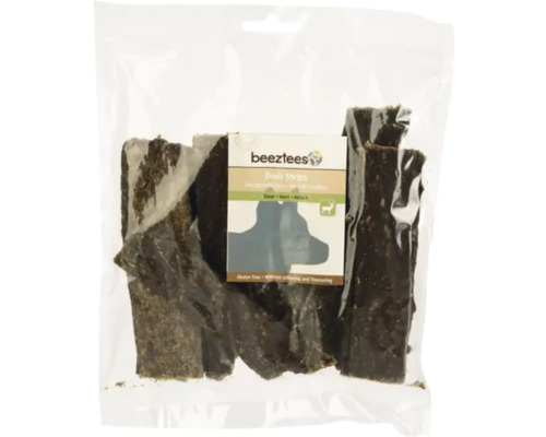 beeztees friandise pour chiens lamelles de cerf 200 g Lanières de cerf Beetztees dans un sachet transparent, sans gluten, sans colorant ni arôme.