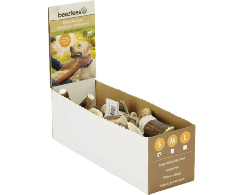 beeztees friandise pour chiens bois de cerf en corne beeztees bois de cerf à mâcher pour chiens dans un présentoir
