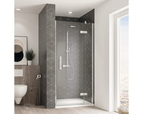 Porte pivotante pour niche Breuer Avanta 80 cm butée à droite décor gris profilé couleur chrome Salle de bain moderne avec douche, toilettes et carreaux gris