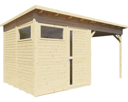 Abri de jardin en bois avec fenêtres et annexe