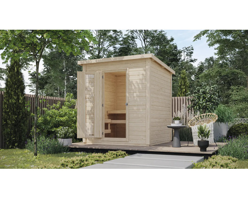 Chalet sauna Karibu Talos 2 sans poêle sans zone d'entrée avec porte en bois et verre isolant