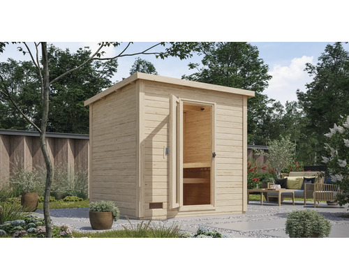 Chalet sauna Karibu Talos 3 avec poêle 9 kW et commande ext. sans zone d'entrée avec porte en bois et verre isolant