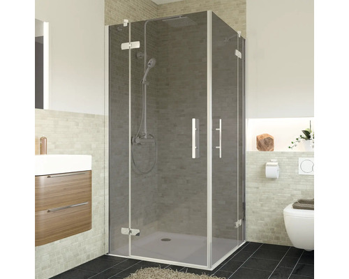 Cabine de douche d''angle avec parois en verre, pommeau de douche et poignées dans une salle de bain.