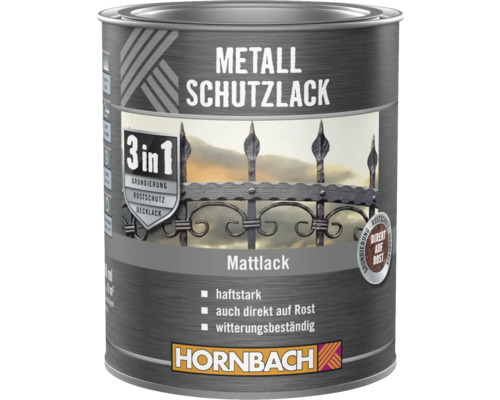 Metallschutzlack in einer Dose mit der Aufschrift 3 in 1 für Grundierung, Rostschutz und Decklack von Hornbach