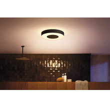 Scène de salle de bain moderne avec plafonnier circulaire, douche et étagère de rangement