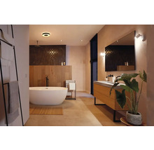 Salle de bains avec baignoire, lavabo, miroir et porte-serviettes