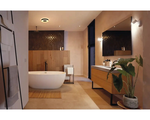 Salle de bains avec baignoire, lavabo, miroir et porte-serviettes