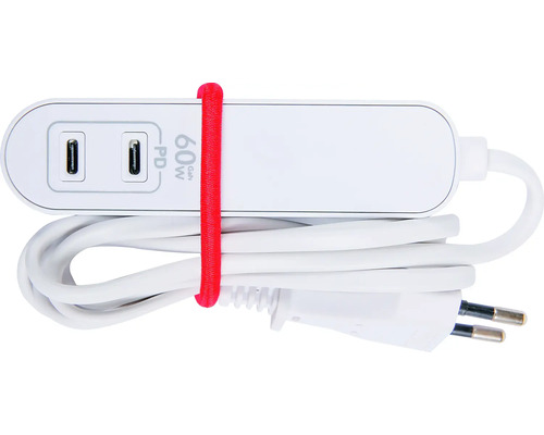Multiprise blanche avec deux ports USB et élastique rouge