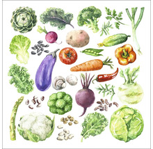 Illustration verschiedener Gemüsesorten wie Artischocke, Grünkohl, Brokkoli und Salat