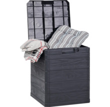 Boîte de rangement ouverte en plastique avec coussins et couverture