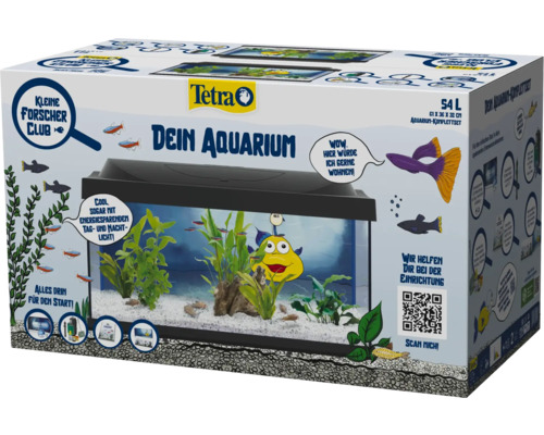 Verpackung des Tetra Aquariums Komplettsets mit 54 Litern inklusive Dekoration und technischem Zubehör