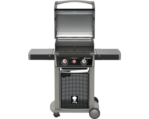 Weber Spirit Gasgrill mit offenem Deckel und zwei Seitentischen