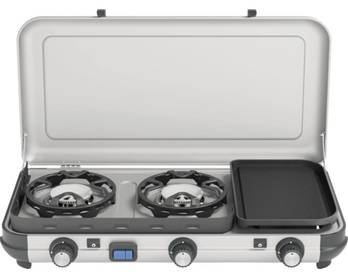 Réchaud de camping avec deux brûleurs et plaque de gril