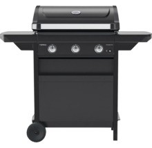 Schwarzer Gasgrill mit drei Brennern und Seitenablagen