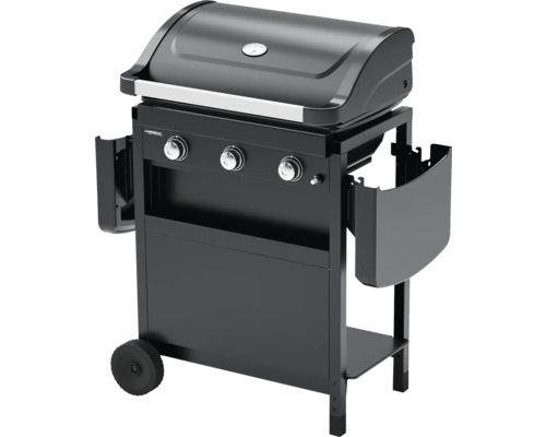 Grill à gaz avec trois brûleurs, surfaces de rangement et roulettes pour le transport