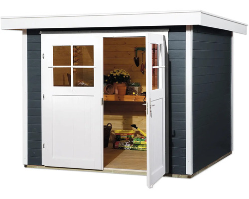 Abri de jardin avec portes doubles ouvertes et outils de jardinage