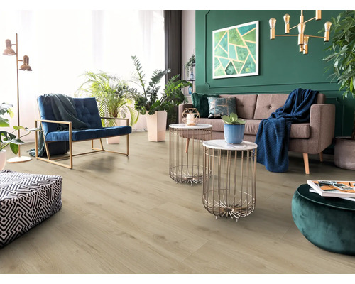 Heller Wohnraum mit Laminatboden, Sofa und Sessel