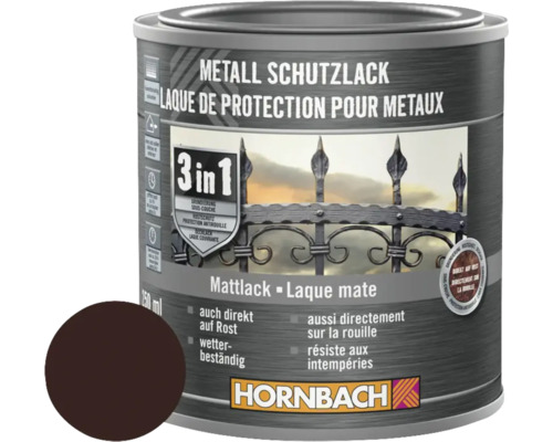 HORNBACH Metallschutzlack 3in1 matt braun 250 ml Metallschutzlack Dose mit Farbbeispiel und Hornbach Logo