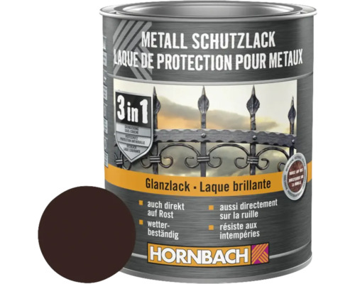 HORNBACH Metallschutzlack 3in1 glänzend braun 750 ml Dose Metall Schutzlack mit Farbbeispiel und Hornbach Logo