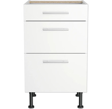 Meuble bas blanc avec trois tiroirs et pieds