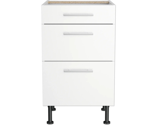 Meuble bas blanc avec trois tiroirs et pieds