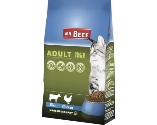 Croquettes pour chats MR.BEEF sans céréales 3 kg boeuf et volaille sans OGM, sans ajout de sucre industriel, sans colorant, sans soja Fabriqué en Allemagne