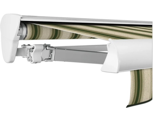 SOLUNA Halbkassettenmarkise Classic 5,5x2 Dessin 320b70 Gestell E6EV1 silber eloxiert Antrieb links inkl. Motor und Wandschalter Detailansicht einer Gelenkarmmarkise mit Streifenmuster