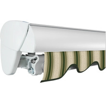 Vue détaillée d''un store banne à bras articulé avec un tissu rayé