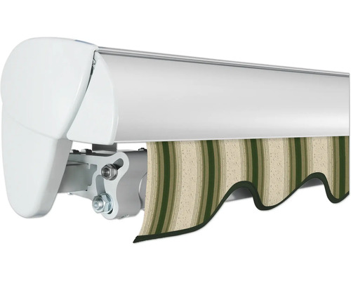 Vue détaillée d''un store banne à bras articulé avec un tissu rayé