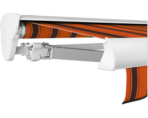 Store banne semi-coffre SOLUNA Classic 4,5x2 dessin 744 châssis E6EV1 argent anodisé entraînement à gauche avec moteur et interrupteur mural Vue détaillée d''un store banne avec tissu rayé et bras articulés