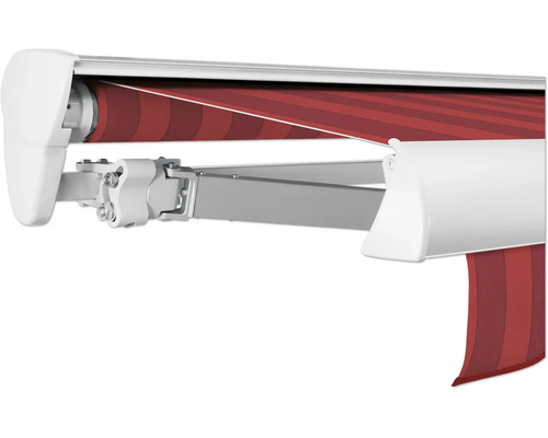 SOLUNA Halbkassettenmarkise Classic 6x2 Dessin D035 Gestell E6EV1 silber eloxiert Antrieb links inkl. Motor und Wandschalter Detailansicht einer Gelenkarmmarkise mit rot gestreiftem Markisenstoff