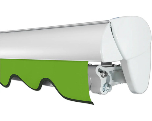 Markise mit grünem Stoff und weißem Gehäuse