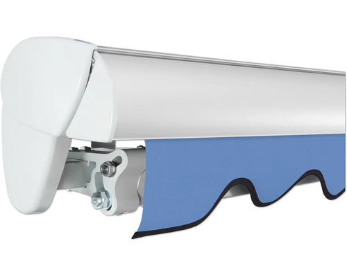 Vue détaillée d''un store avec un écran en tissu bleu