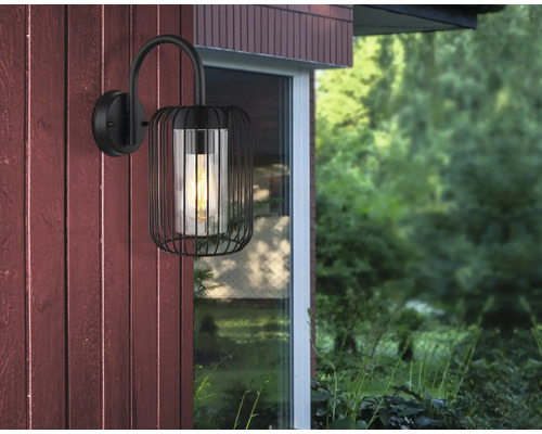 Applique murale noire avec insert en verre et design cage pour éclairage extérieur