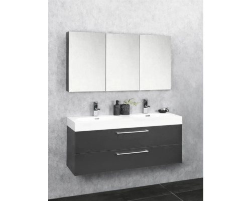 Meuble-lavabo avec deux tiroirs, lavabo et armoire de toilette dans la salle de bains.