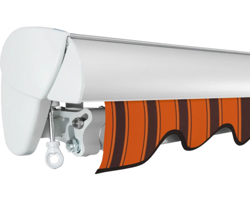 Vue détaillée d''un store banne avec un lambrequin rayé brun et orange