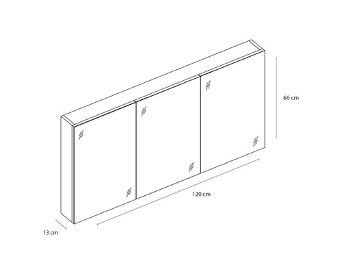 Abbildung eines Spiegelschrankes mit den Maßen 120 cm Breite, 66 cm Höhe und 13 cm Tiefe.