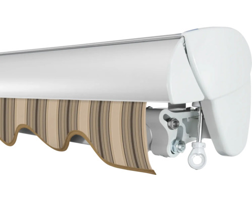 Markise mit gestreiftem Stoff und weissem Gehäuse