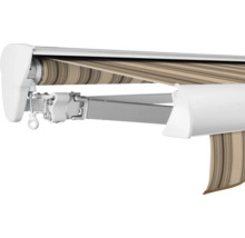 Markise mit gestreiftem Stoff und weissem Gehäuse