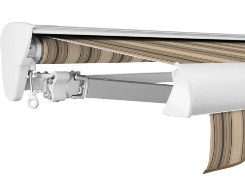 Markise mit gestreiftem Stoff und weissem Gehäuse