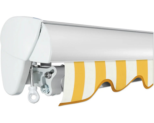 Vue détaillée d''un store banne à bras articulés avec un tissu de store rayé