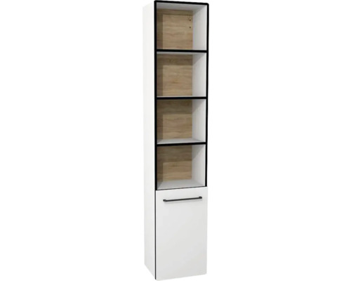 Armoire haute suspendue semi ouverte avec 1 porte Devo Sonus 2.0 droite lxhxp 38x186x30 cm arctic white haute brillance/natural bardolino oak