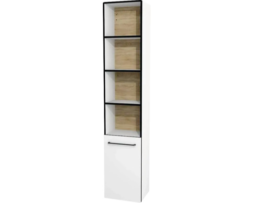 Armoire haute suspendue semi ouverte avec 1 porte Devo Sonus 2.0 gauche lxhxp 38x186x30 cm arctic white haute brillance/natural bardolino oak