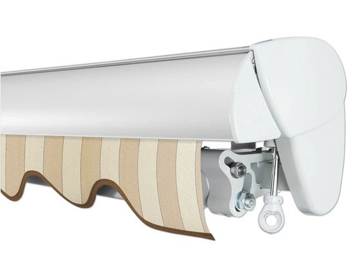 Store de terrasse avec tissu rayé et boîtier blanc