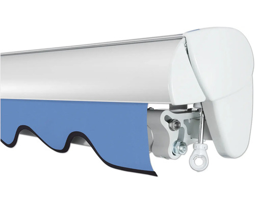 Vue détaillée d''un store avec un tissu bleu