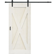 Weisse Schiebetür aus Holz mit X-förmigem Design und schwarzer Schiene